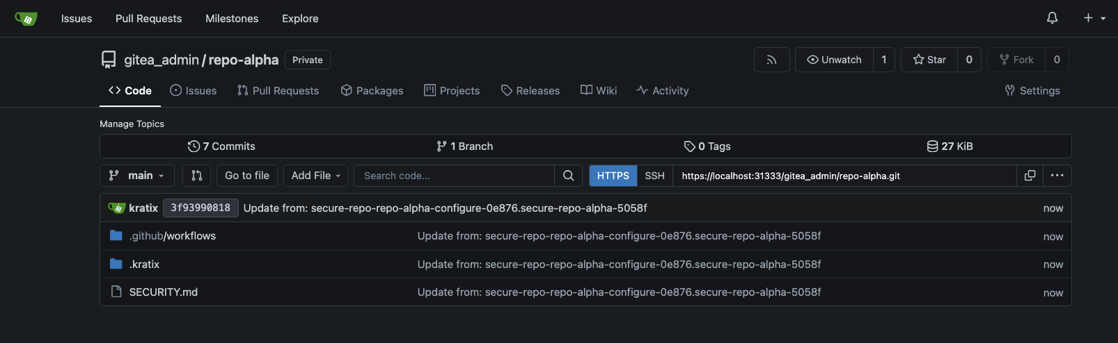 The repo-alpha repository containing SECURITY.md, a GitHub workflows directory, and Kratix ownership metadata