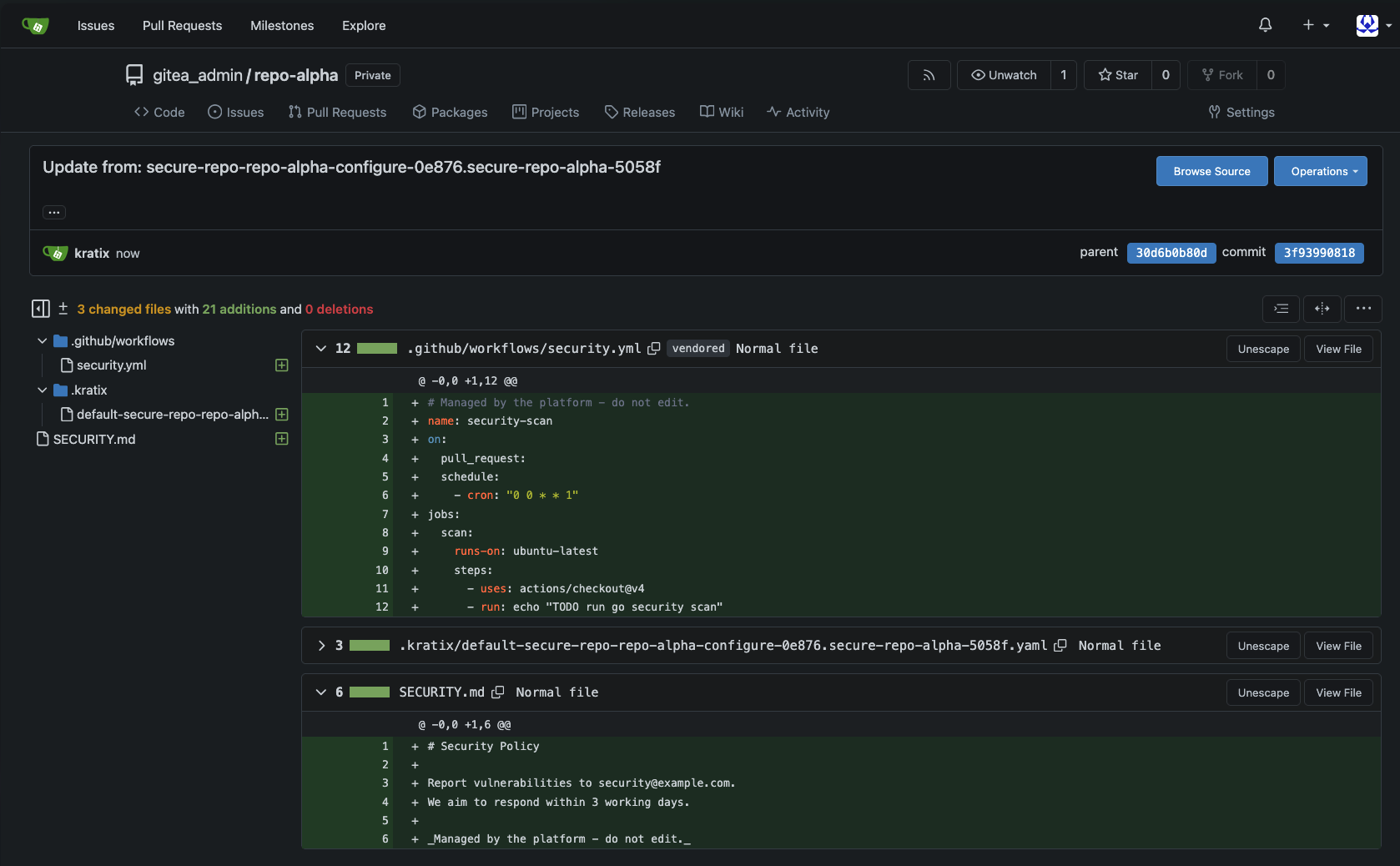 A Gitea commit showing the generated security workflow, Kratix ownership metadata, and SECURITY.md