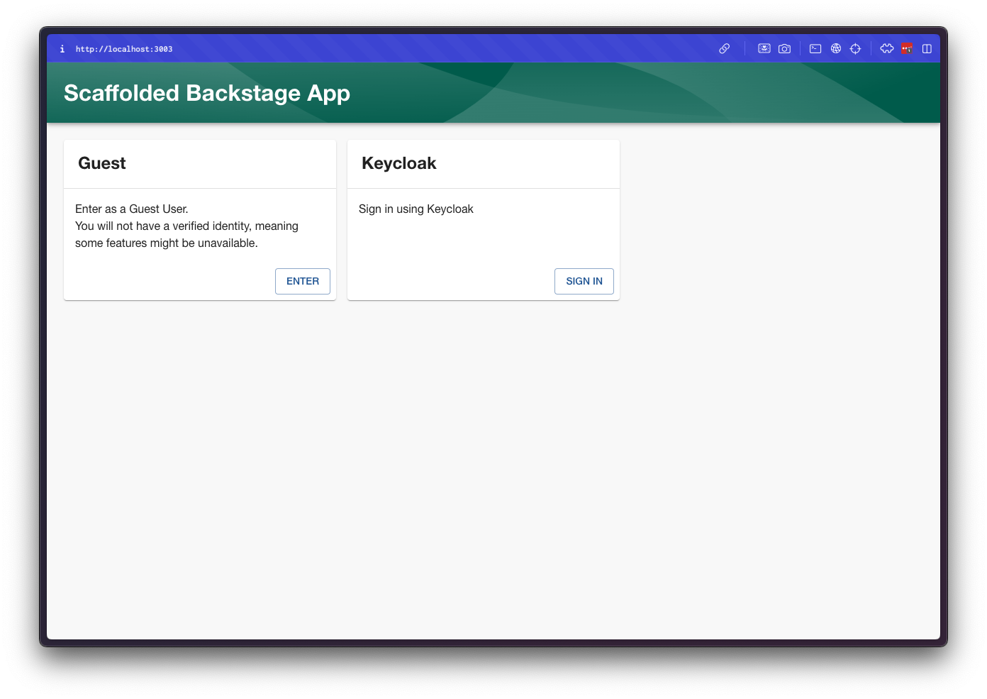 The Backstage Sign In page showing both the Guest and the Keycloak Authentication options