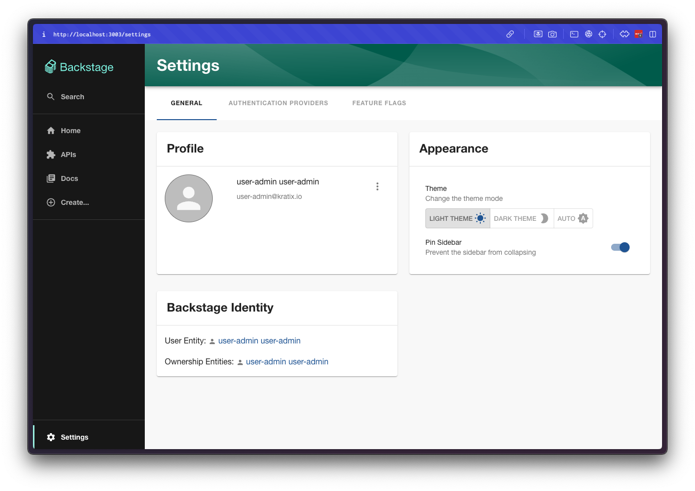 The Settings Page on Backstage, showing the logged in user information