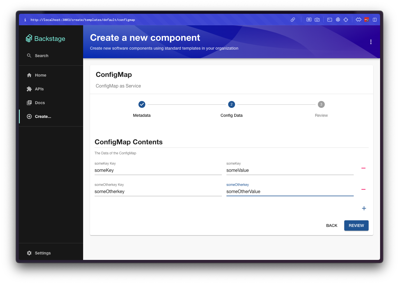 The form to create a configmap