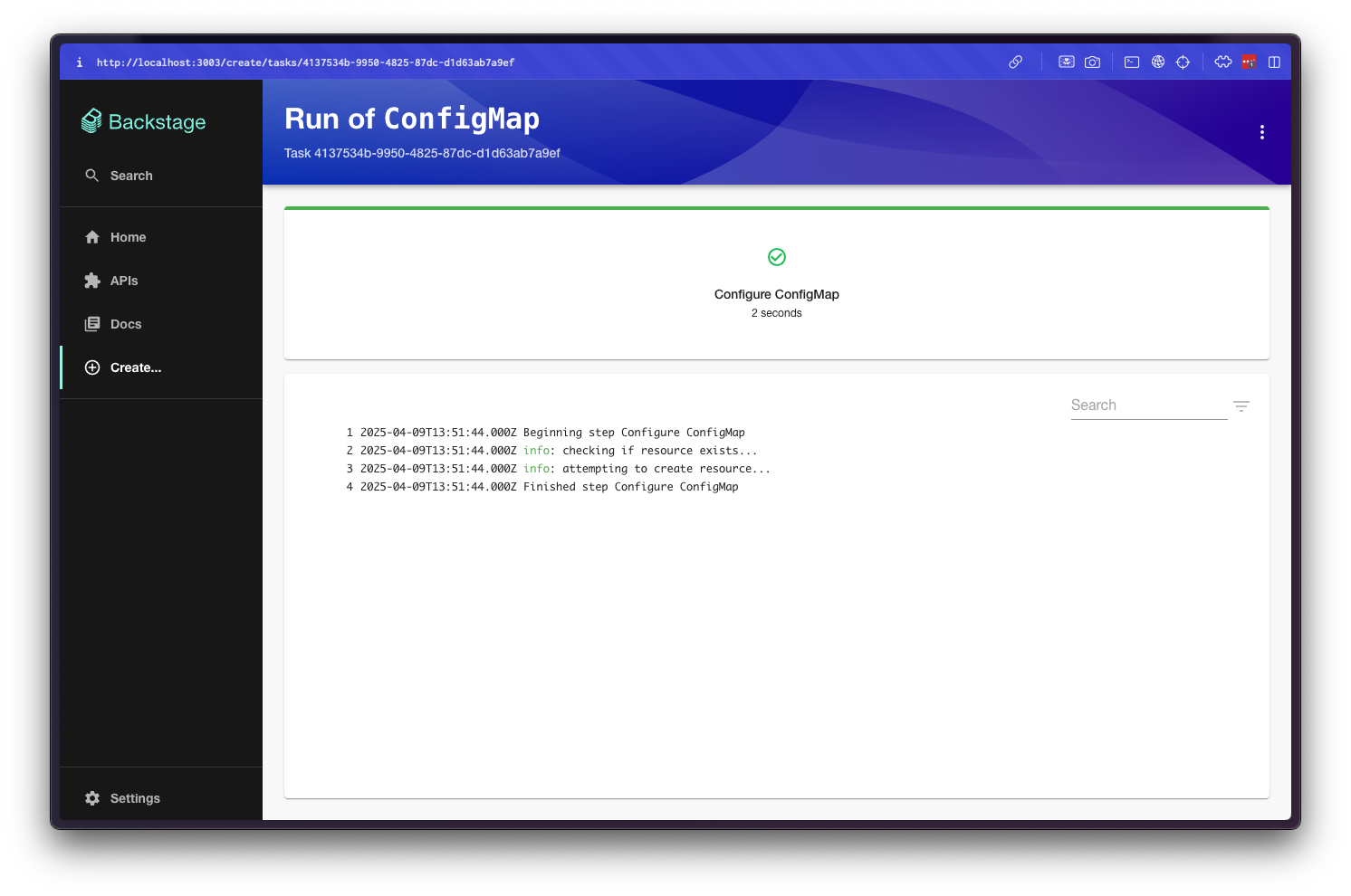 The page backstage shows once you create the configmap