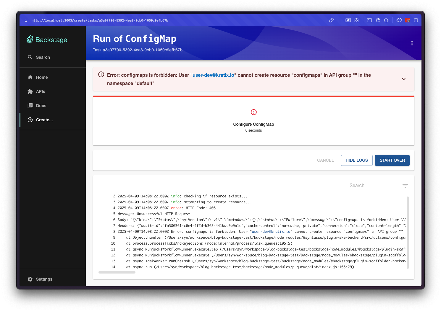 A Screenshot of the Backstage UI with a 403 error for the user-dev
