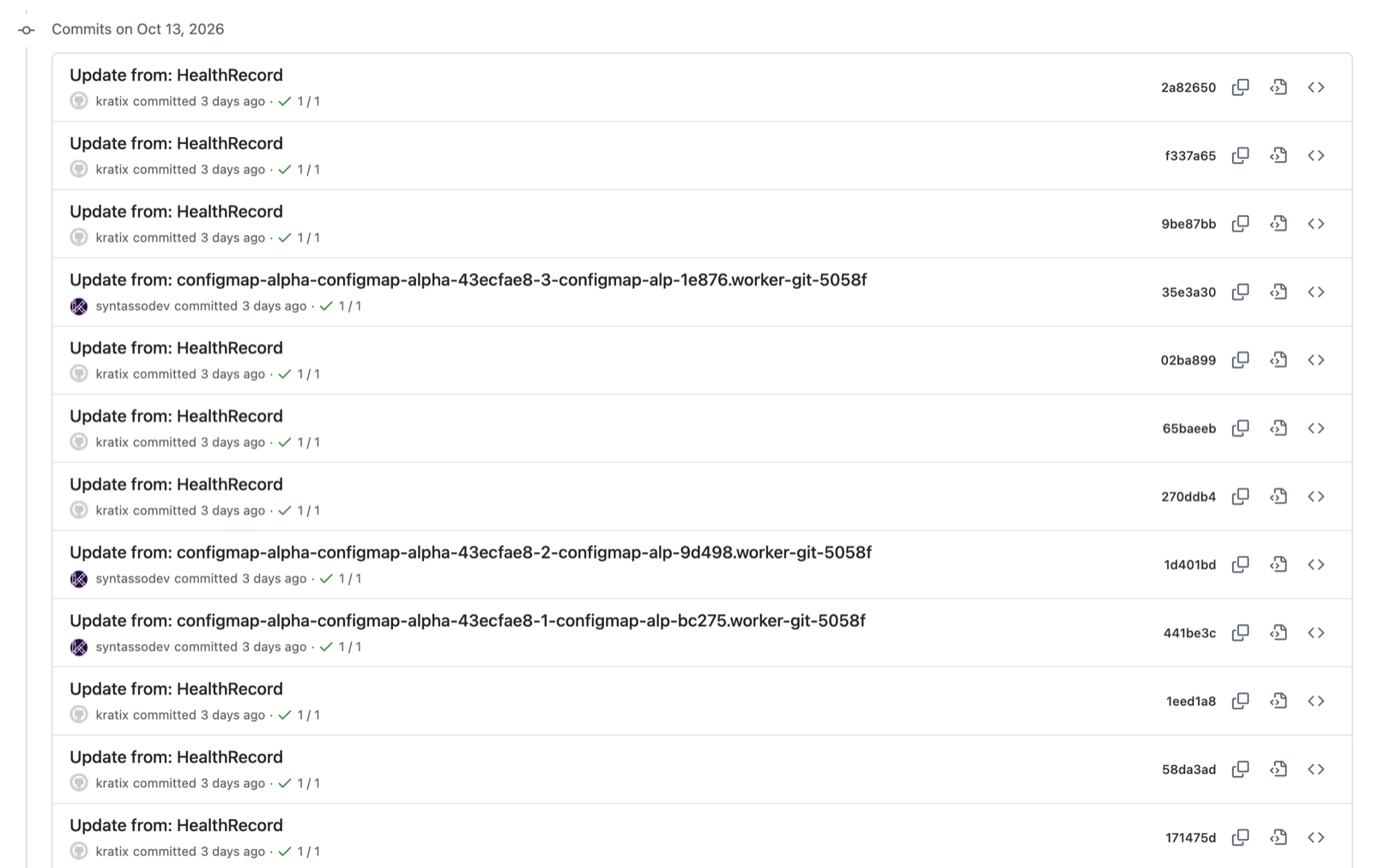 GitHub commit log filled with 'Update from: HealthRecord' commits