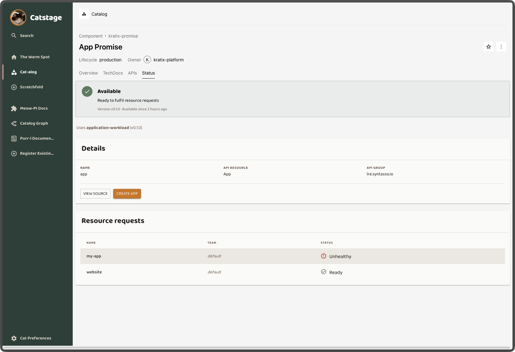 The new Promise page, showing availability, version, and a summary of its resources and their health