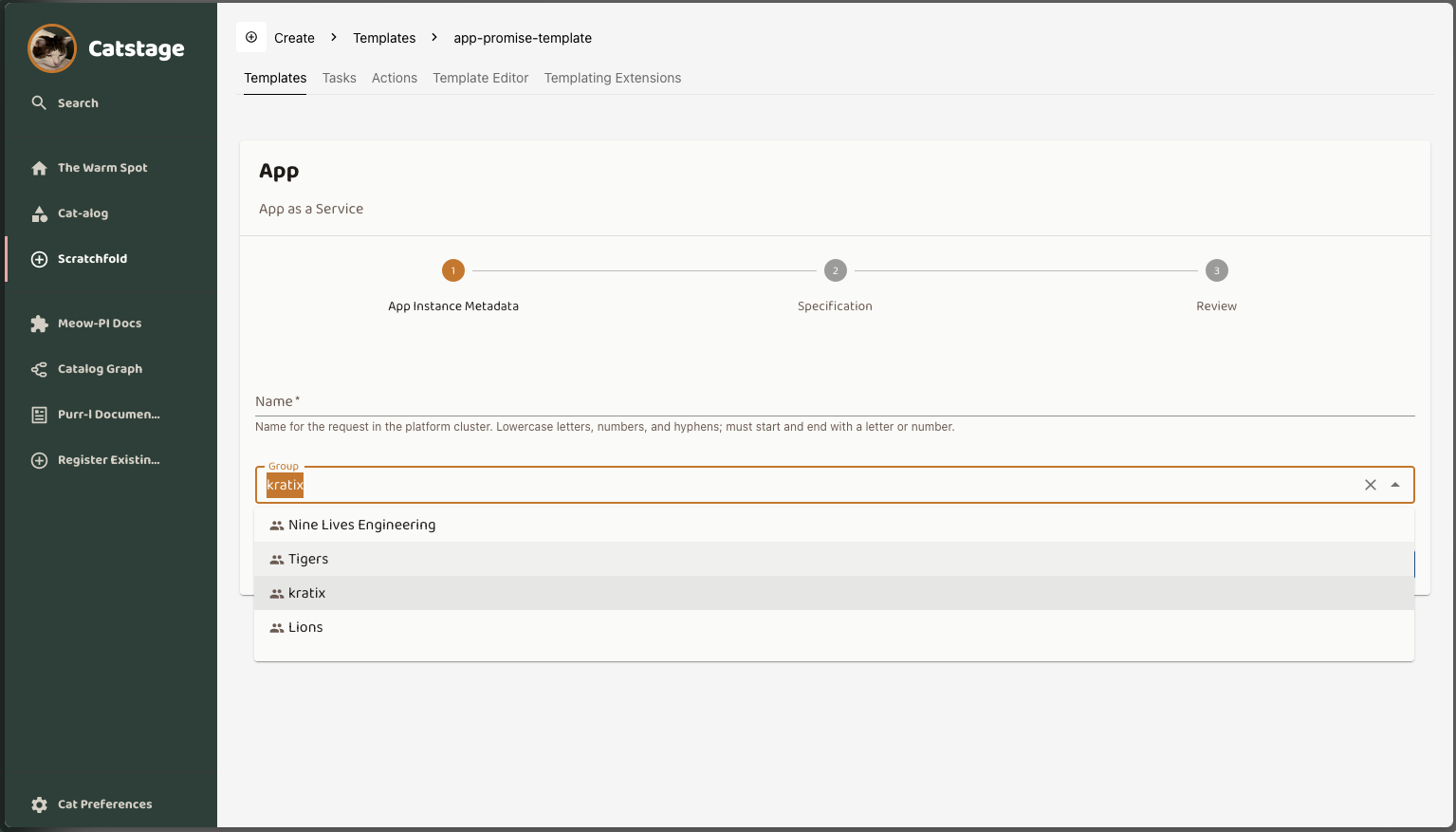 The new request form, where the user picks a Backstage Group
