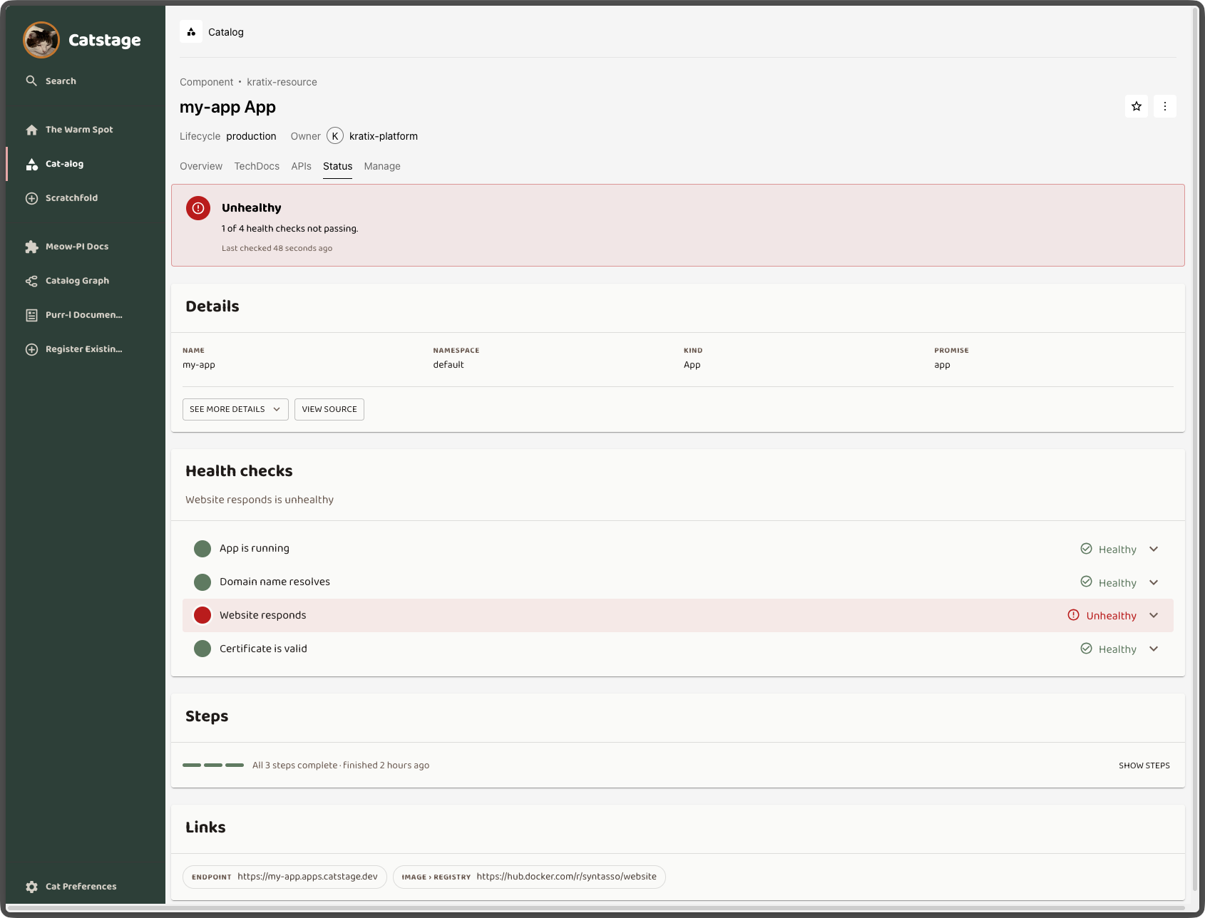 The new Resource page, showing status, health, workflow progress and the original request