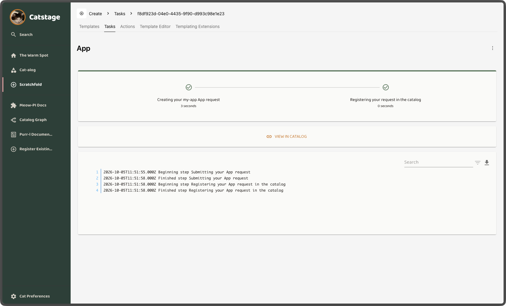 The new Template output, with clear log lines and a link to the new resource