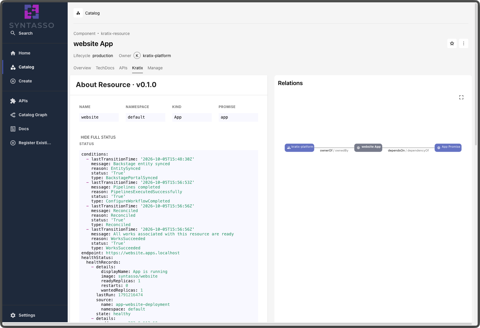 The original Resource page in Backstage, showing the resource status as raw YAML