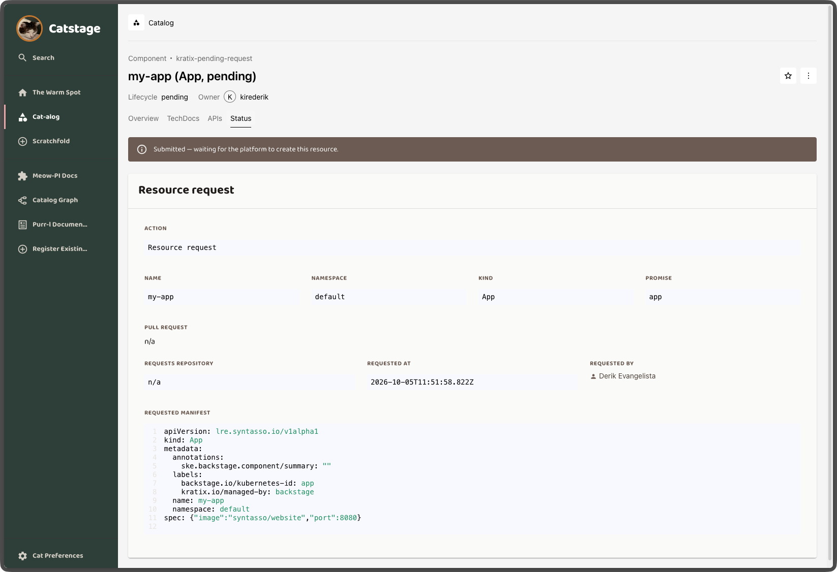 A Pending catalog entity, shown while the resource is being created
