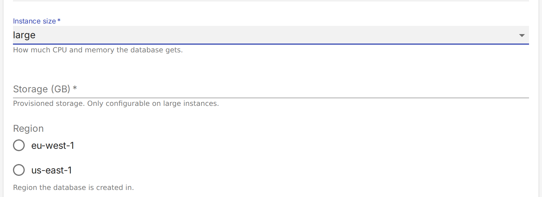 Instance size set to large, with a required Storage (GB) field between it and Region