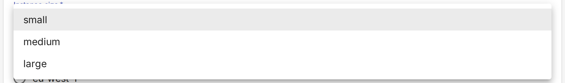 The Instance size dropdown open, listing small, medium and large, with small highlighted