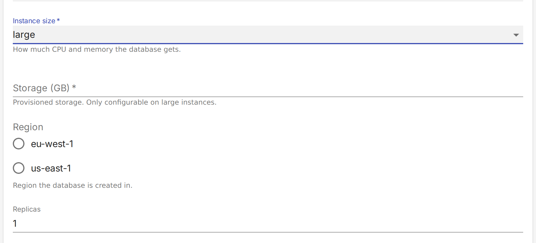 Instance size, Storage (GB), Region and Replicas appearing in that order on the form