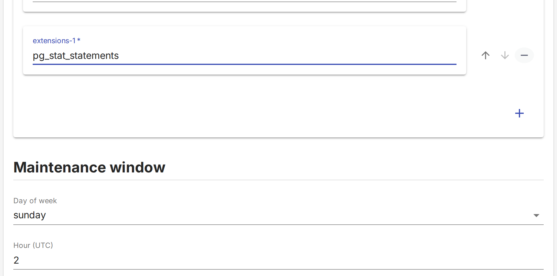 The Maintenance window group with Day of week and Hour fields, above an Extensions list holding two entries