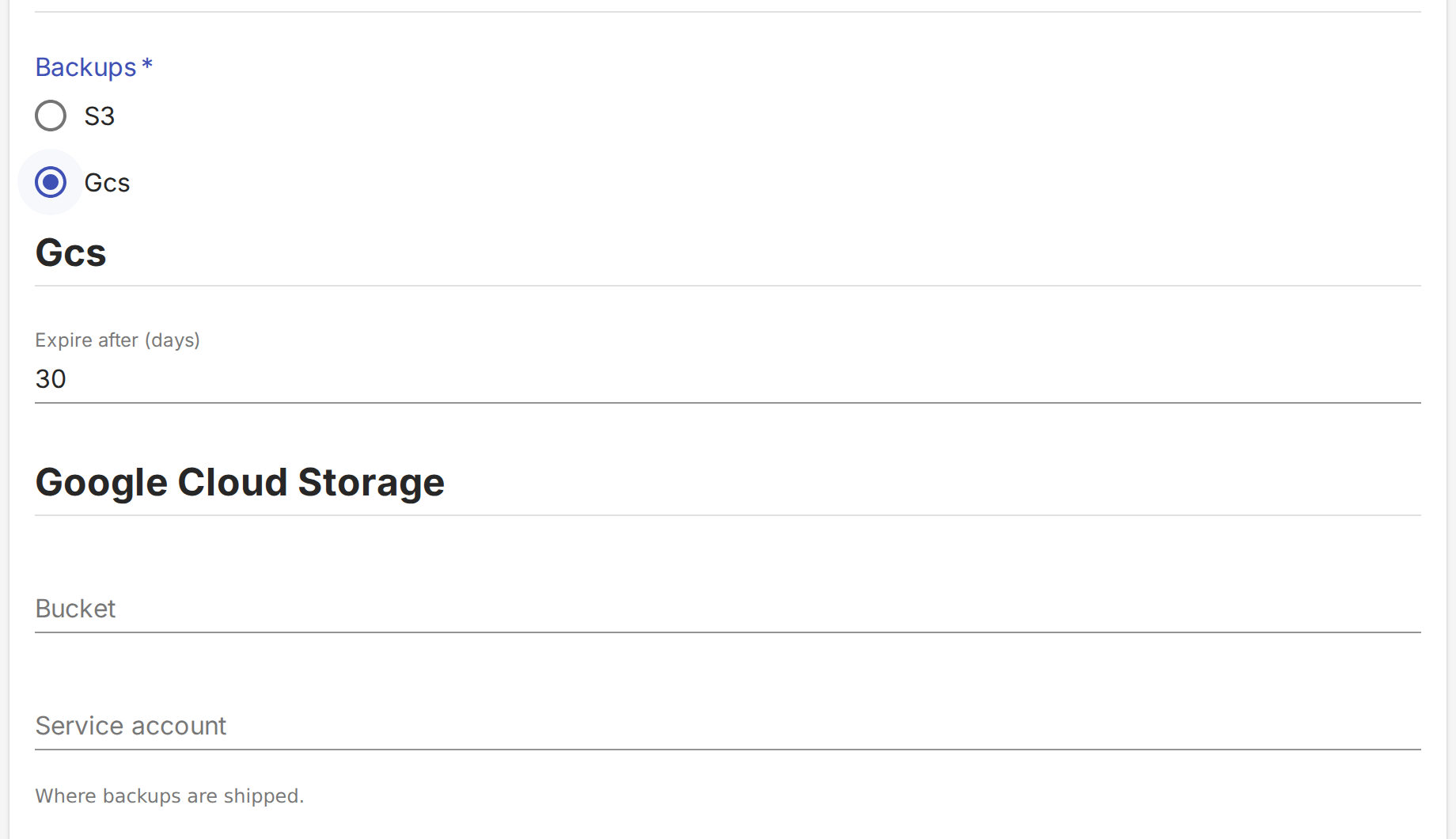 The same Backups page with the Gcs option selected, showing Expire after, Bucket and Service account fields instead