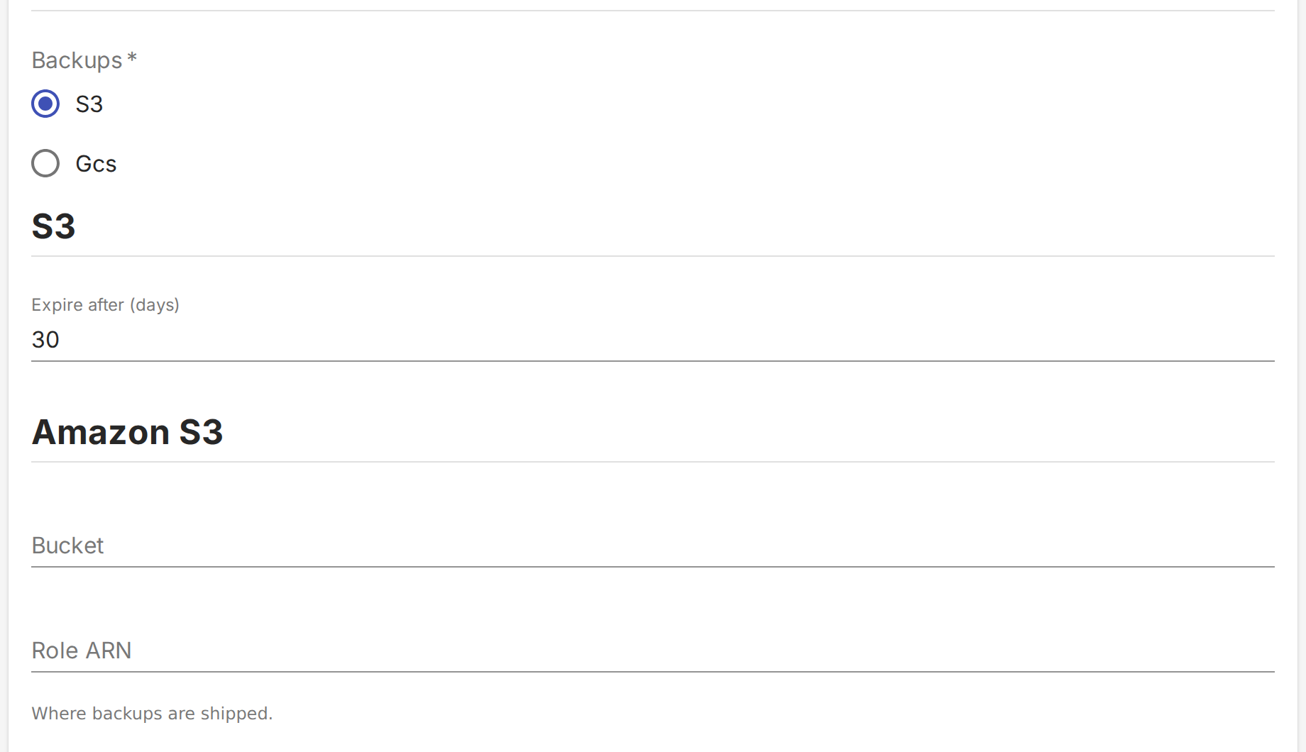 The Backups page with the S3 option selected, showing Expire after, Bucket and Role ARN fields