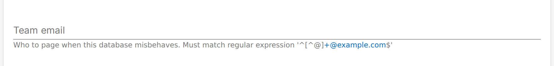 The Team email field, whose helper text shows the regular expression with part of it turned into a hyperlink