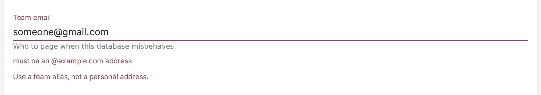 The Team email field holding an invalid address, showing the message must be an @example.com address and the help text below it