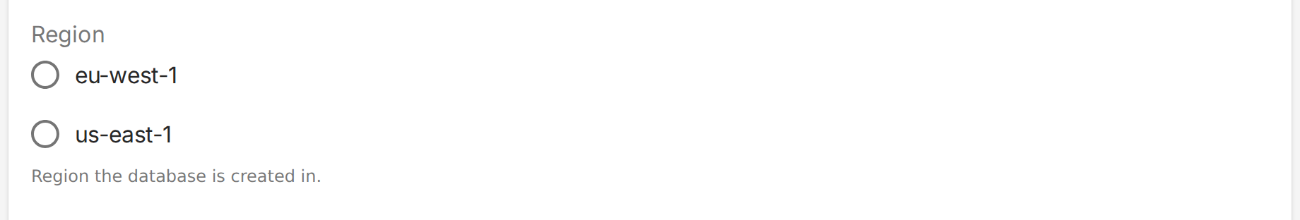 The Region field rendered as two radio buttons, eu-west-1 and us-east-1, instead of a dropdown