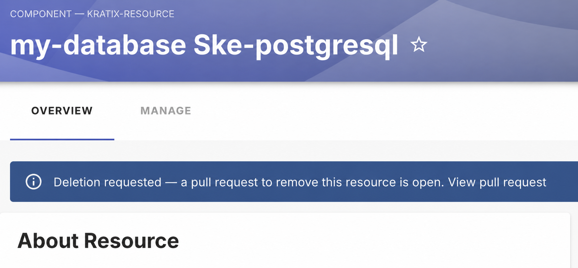 A Backstage Resource page showing that a pull request to delete the Resource is open