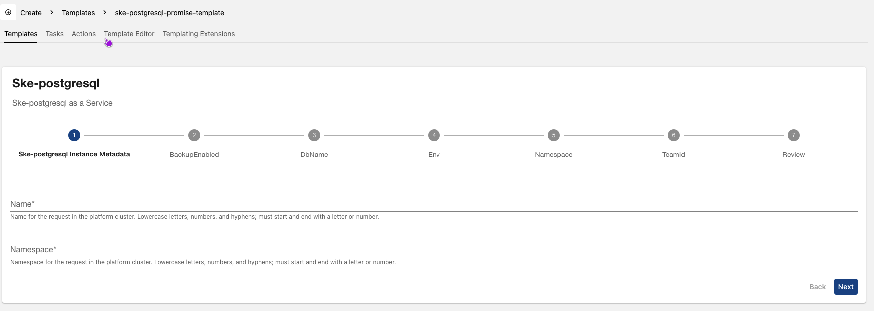 The Backstage Software Template form used to configure a ske-postgresql Resource