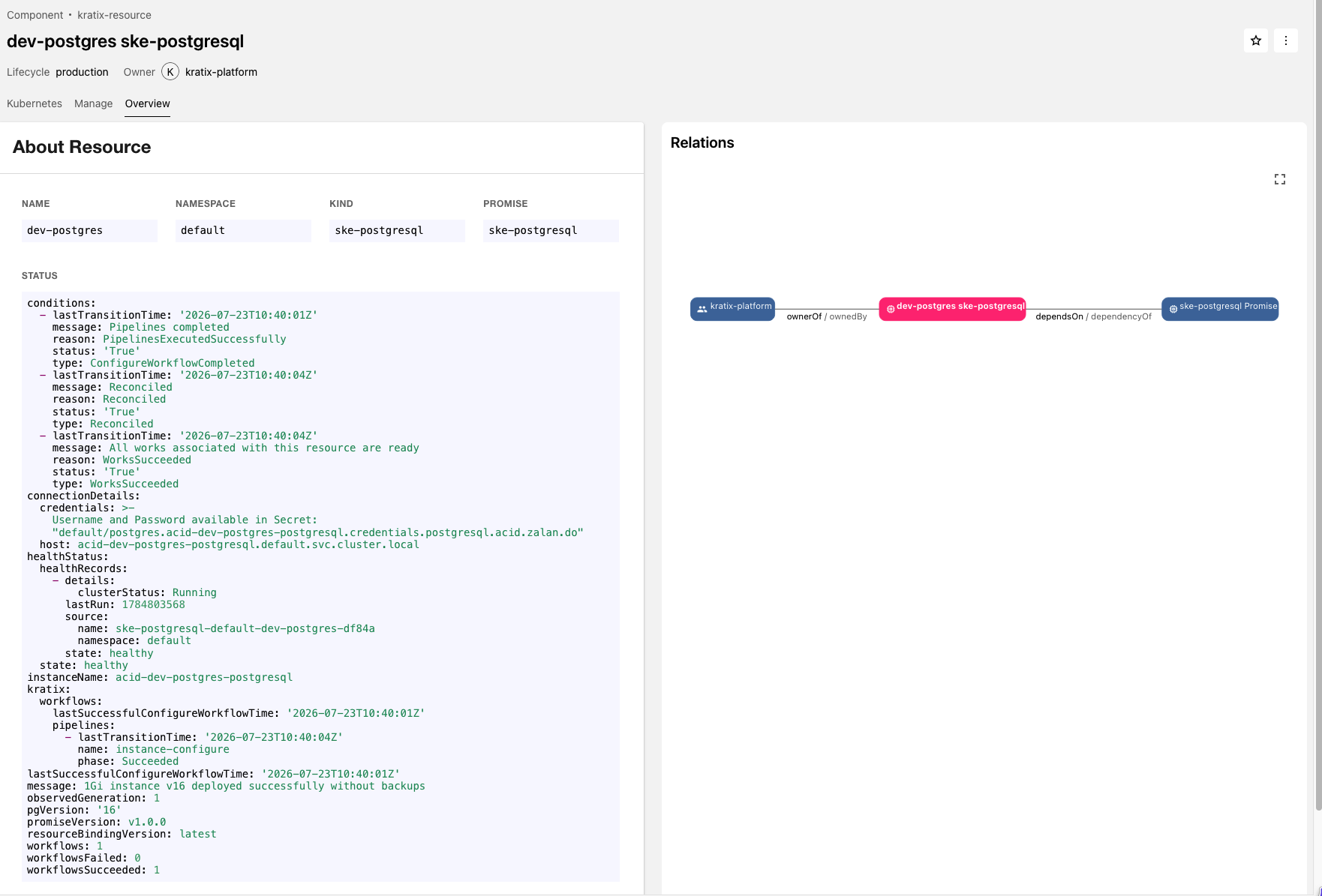 The Backstage Overview tab for the dev-postgres Resource, showing its details, status, and relationships