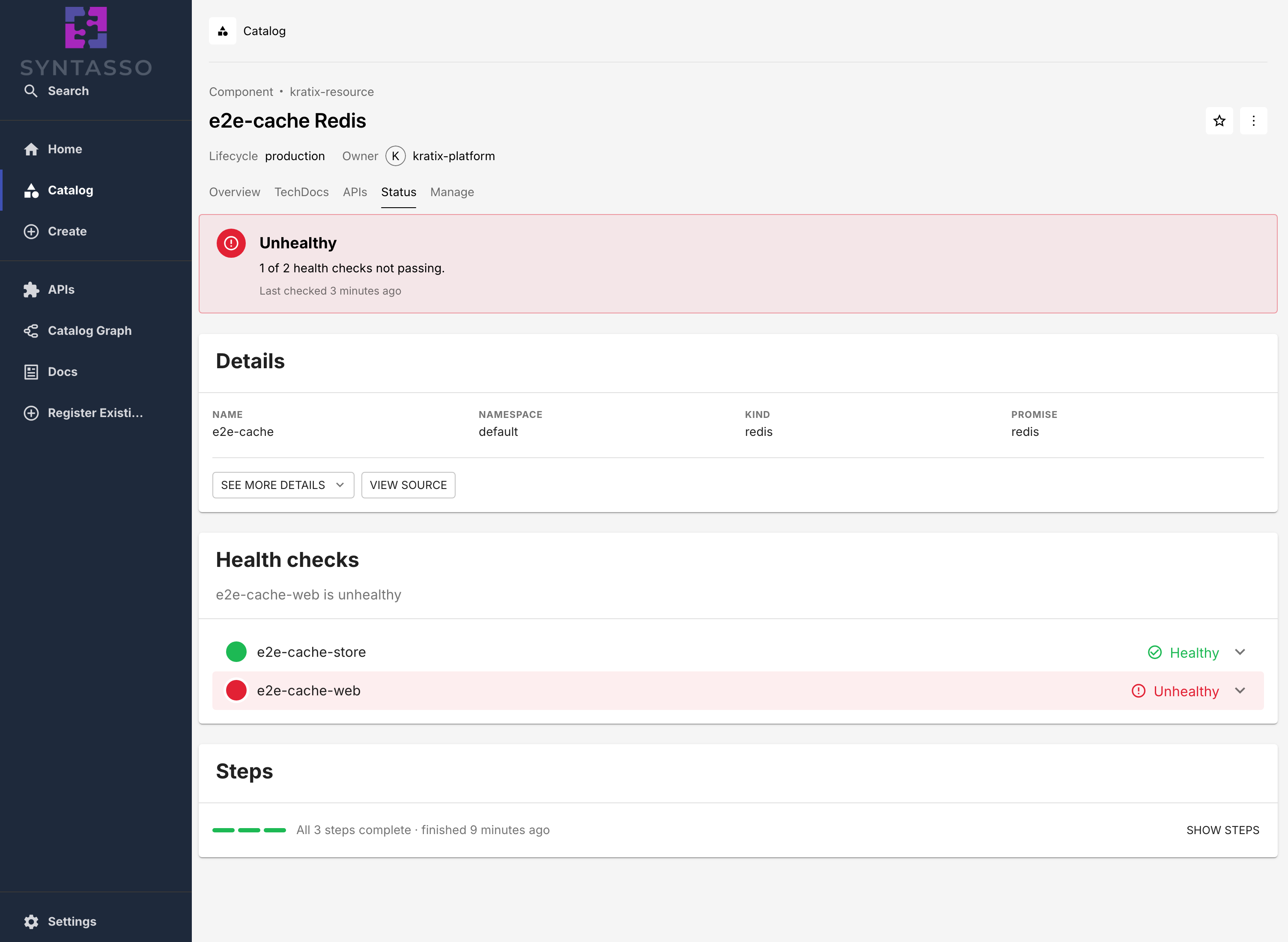 The Status tab of a Redis resource: an Unhealthy banner saying 1 of 2 health checks are not passing, the Details card, the two checks with one of them unhealthy, and the folded Steps card