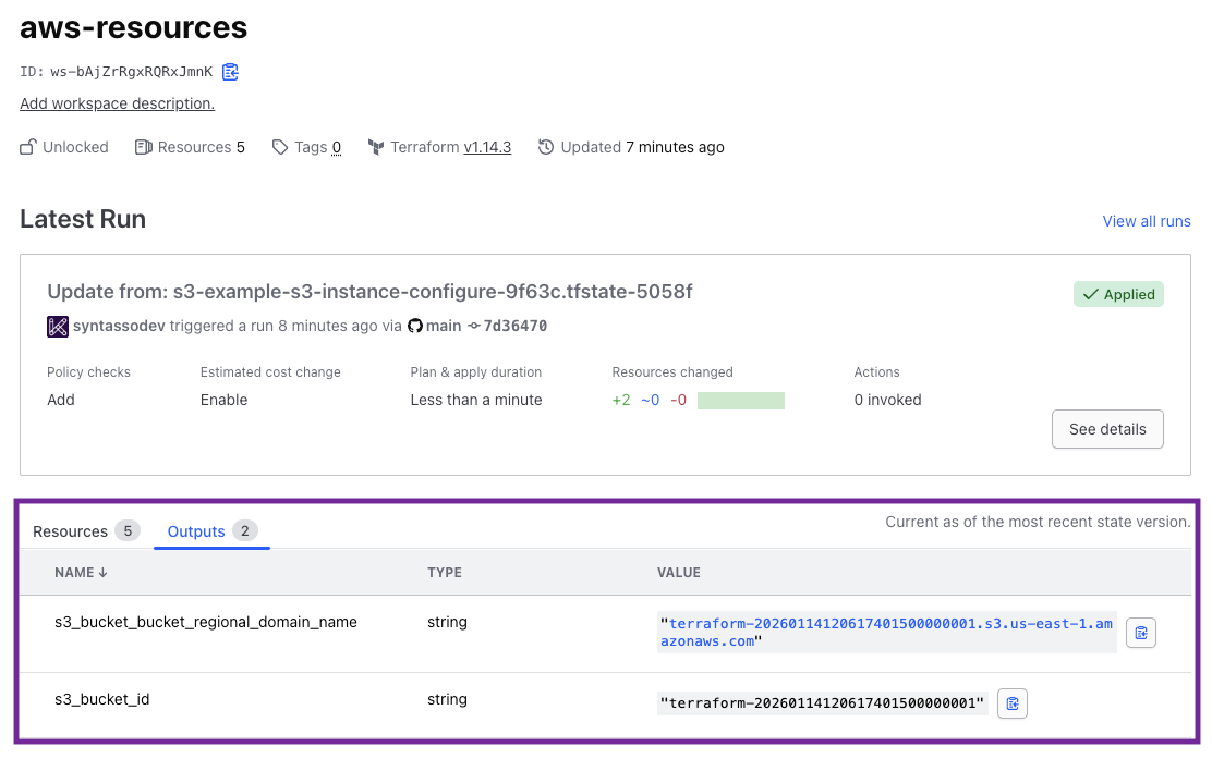 A screen shot of the Terraform UI with the s3_bucket_bucket_regional_domain_name and s3_bucket_id values detailed as outputs