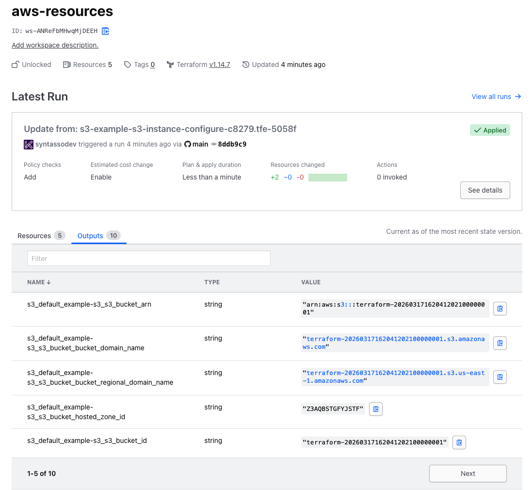 A screen shot of the Terraform UI with the outputs