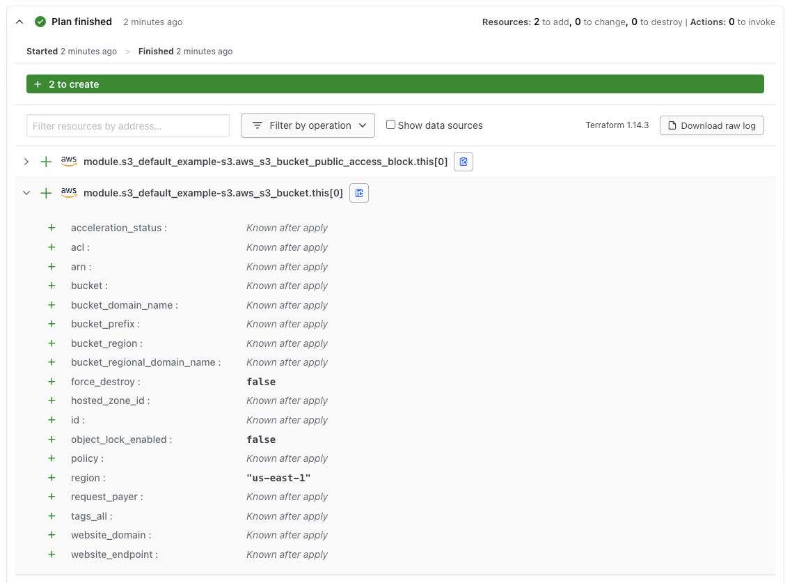 A screen shot of the Terraform UI with the s3_bucket_bucket_regional_domain_name and s3_bucket_id values detailed as outputs