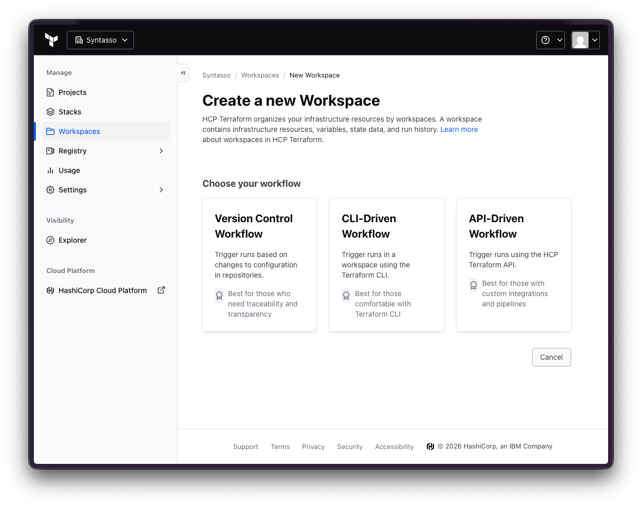 Creating a new workspace in Terraform Cloud